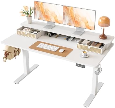 TIQLAB Standing Desk with Two Drawers, Stand Up Standing Desk Adjustable Height, Electric Sit Stand Table with Storage Shelf and Splice Board, 55 * 24 inch, White Wicker