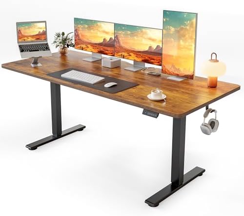 Cubiker Standing Desk, 63x28 Inches Sit Stand Home Office Desk, Electric Stand up Desk, Adjustable Desk with Splice Board, Black Frame/Rustic Brown Top