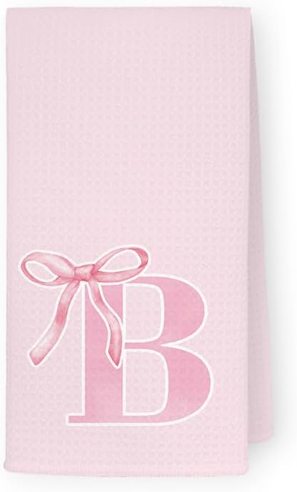 Monogrammed Initial B Hand Towels for Bathroom, Personalized Gifts for Women Girls Birthday Christmas, Coquette Preppy Pink Bows Waffle Kitchen Dish Tea Towels with Initial, 16x24 Inch