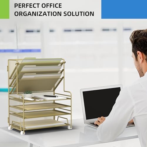 MINDEPOT 4-Tier Paper Organizer + 3-Pocket File Holder + Drawer + Pen Holders, Desktop File Organizers Paper Tray for Office Supplies School Classroom Organization (Gold, with Drawer & Pen Holder)