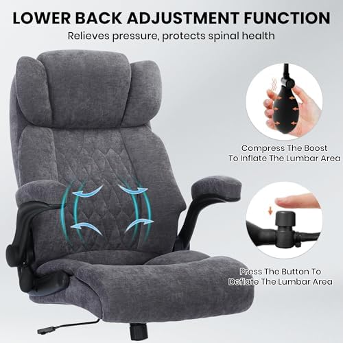 500lbs Big and Tall Office Chair Adjustable Lumbar Support for Back Pain, Extra Wide Seat Executive Office Chair Thick Armrest Pad, Heavy Duty Base&Upgraded Wheels, Ergonomic Desk Chair