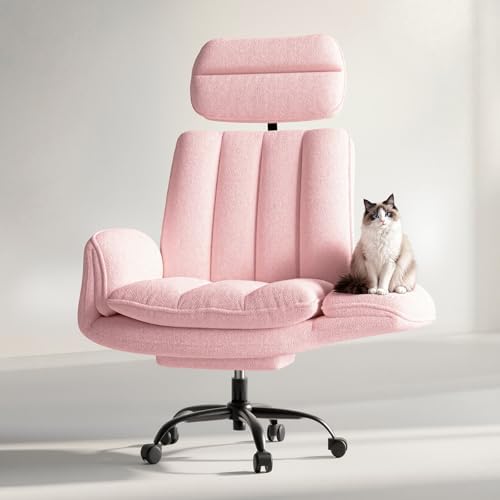 HOMRELEXA Criss Cross Office Chair with Armrests & Wheels, Comfy Velvet Vanity Chair, Ergonomic Executive Gaming Computer Chairs with Foot Rest, Wide Seat Reclining Desk Chair, Pink