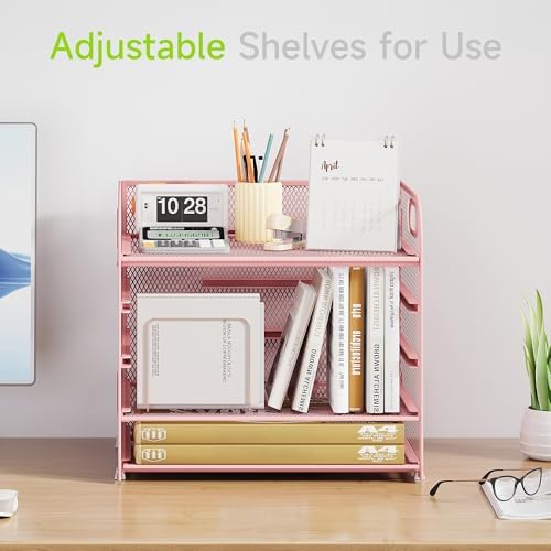 Cawukege 2 Pack 5 Tier Paper Organizer, Letter Tray with Handle, Mesh Desk Organizer, Metal File Organizer, Office Desk Accessories for Home, Office, Classroom, School (Pink, 2)