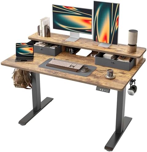 TIQLAB Standing Desk with Two Drawers, Stand Up Standing Desk Adjustable Height, Electric Sit Stand Table with Storage Shelf and Splice Board, 55 * 24 inch, Rustic Brown