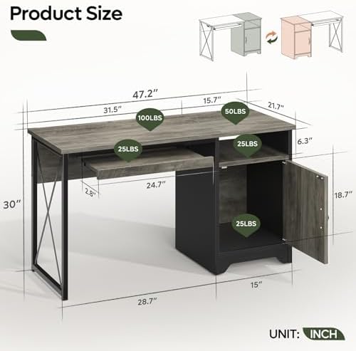 Bestier 47-Inch Office Desk with Storage Cabinet & Keyboard Tray, Grey