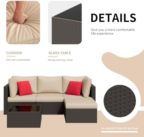 Shintenchi 5 Pieces Patio Furniture Sets Outdoor All-Weather Sectional Patio Sofa Set PE Rattan Manual Weaving Wicker Patio Conversation Set with Glass Table&Ottoman Cushion and Red Pillows, Beige