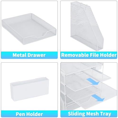 5-Tier Desk File Organizer with Drawer & Pen Holder (White)