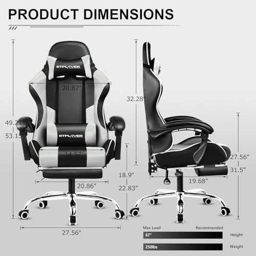 GTPLAYER Gaming Chair, Computer Chair with Footrest and Lumbar Support, Height Adjustable Game Chair with 360°-Swivel Seat and Headrest and for Office or Gaming (White)