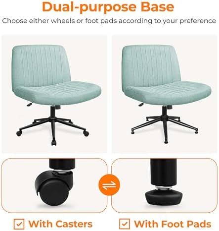 NEO CHAIR Criss Cross Chair with Wheels Armless Cross Legged Office Desk Wide Comfy Vanity Makeup Chair Adjustable Swivel Rolling Computer for Home Office Fabric (Mint)