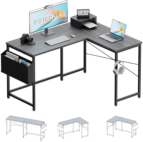 Pamray 47 Inch Reversible L Shaped Gaming Desk Corner Computer Desk with Storage Bag Home Office Table for Writing Study Grey