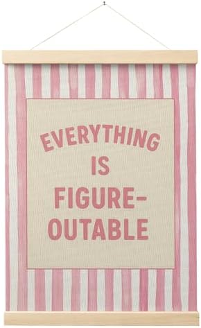 FGFK Preppy Pink Striped Everything Is Figureoutable Inspirational Framed hanging Canvas wall art Poster Prints office dorm room decor for women, Motivational posters decorations for home bedroom,12x16 Inch