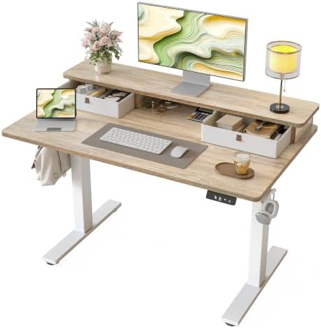 TIQLAB 40 * 24 inch Standing Desk with Two Drawers&Top Shelf, Maple