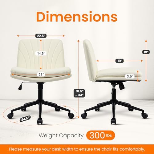 NEO CHAIR Criss Cross Chair with Wheels Armless Cross Legged Office Desk Wide Comfy Vanity Makeup Chair Adjustable Swivel Rolling Computer for Home Office PU Leather (Beige)
