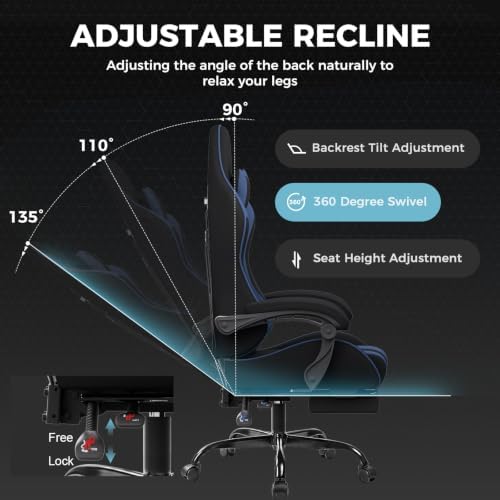 GTPLAYER Gaming Chair, Computer Chair with Footrest and Lumbar Support, Height Adjustable Game Chair with 360°-Swivel Seat and Headrest and for Office or Gaming (Blue, Fabric)