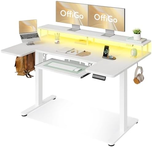 OffiGo 55 Inch U Shaped Electric Standing Desk with Keyboard Tray, White
