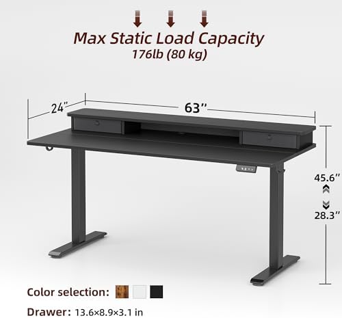 TIQLAB Standing Desk with Two Drawers, Stand Up Standing Desk Adjustable Height, Electric Sit Stand Table with Storage Shelf and Splice Board, 63 * 24 inch, Black