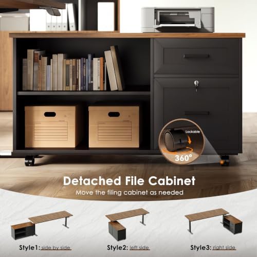 OffiGo 63" L Shaped Electric Standing Desk with Cabinet Sets, Walnut/Black