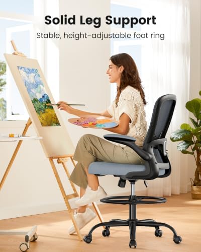 ErGear Drafting Chair,Tall Office Chair with Flip-Up Armrests, High Desk Chair Adjustable Height and Adjustable Footrest Ring, Ergonomic Standing Desk Chair with Lumbar Support, Blue,10 Pack