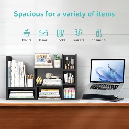 NUTIKAS Desk Shelves Desktop Organizer Shlef - Black Office Organization for Top of Desk Organizers and Accessories Corner Bookshelf Table Top Shelving Small Hutch Decorations for Office