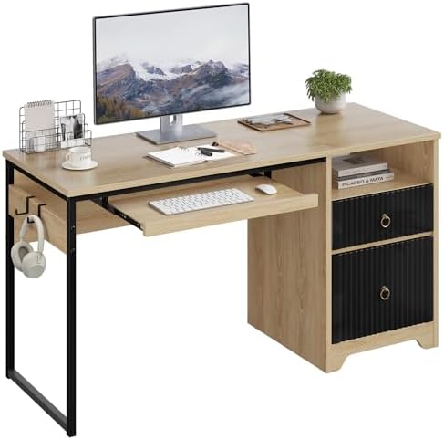 Bestier 55 Inch Office Desk with Fluted Panel & Keyboard Tray, Natural Oak