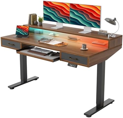 TIQLAB Standing Desk with Two Drawers, Stand Up Standing Desk Adjustable Height, Electric Sit Stand Table with Storage Shelf and Splice Board, with LED Light, 55 * 28 inch, Black Walnut