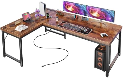 Huuger 55 Inch L Shaped Desk with Power Outlets & 0.95 Inch Thicker Desktop