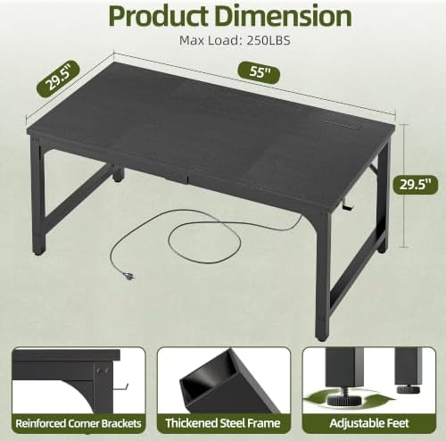 TIQLAB 55 x 30 Inch Extra-Deep Computer Desk with Power Outlets, Heavy-Duty Office Desk, Wide Gaming & Work Desk for Home Office, Black