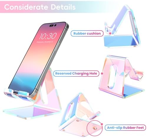 Crpich Acrylic Cell Phone Stand, Portable Phone Holder, Phone Stand for Desk, Compatible with Phone16 15 14 13 12 Pro Max Mini 11, Switch, Android Smartphone, Pad, Tablet, Iridescent Color