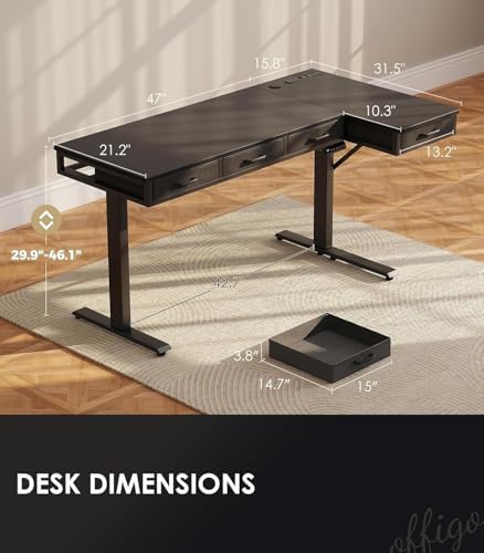 OffiGo 63 Inch L Shaped Electric Standing Desk with 4 Drawers, Black