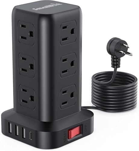 Extension Cord with Multiple Outlets, SMALLRT Power Strip Tower, 10FT Outlet Extender with 12 AC Outlets 4 USB, Power Strip with USB Ports for Home Office Dorm Room,Overload Protection
