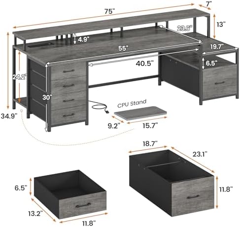 SEDETA 75'' Large Home Office Desk with 5 Drawer, Power Outlet, File Drawer