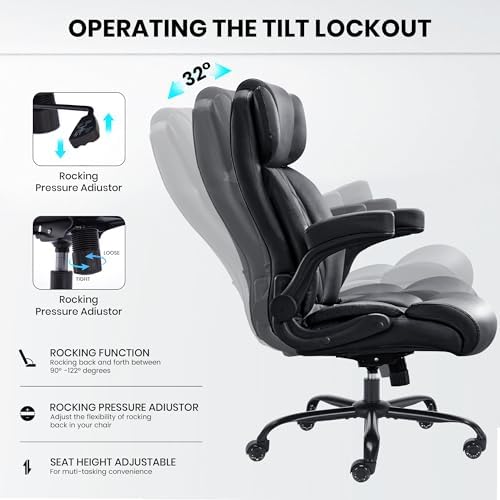 500lbs Big and Tall Office Chair Adjustable Lumbar Support for Back Pain, Extra Wide Seat Executive Office Chair Thick Armrest Pad, Heavy Duty Base&Upgraded Wheels, Ergonomic Desk Chair