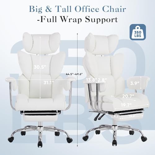 Big and Tall Office Chair 350 LBS, Scratch-Resistant PU Leather Executive Office Desk Chair with Footrest, Ergonomic Reclining Computer Chair with Pocket Spring Support for Home Office, Beige