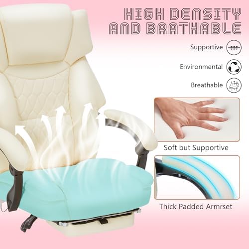 Massage Office Chair with Foot Rest 6 Points Vibration and Heat Home Office Desk Chairs for Heavy People 400lbs Reclining Managerial Chairs Ergonomic Executive Chair (Cream)
