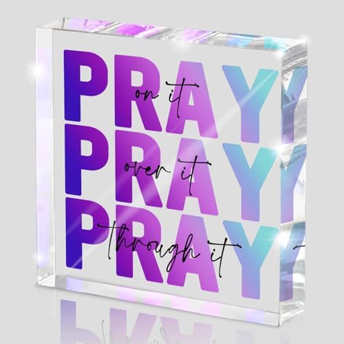Inspirational Decor, Multicolor Dorm Room Decor for Women, Desk Decorations for Office, Ideal Christian Gifts for Women - Pray On It, Pray Through It - Bible Verse Desk Art, 4 x 4 inch