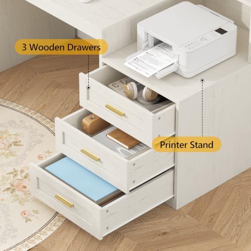 TVU 65" White Computer Desk with Drawers and Printer Stand for Home Office