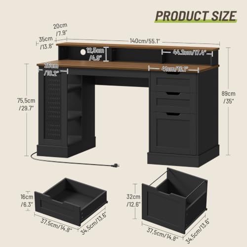 55-inch Farmhouse Executive Desk with 2 Drawers and File Cabinet