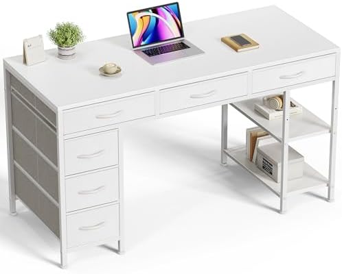 Huuger Computer Desk with 6 Drawers, Office Desk with Shelves, Reversible Gaming Desk, Corner Desk with Storage, Work for Home Office, Study, Living Room, 47inch, White