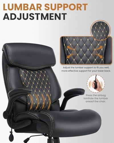 550LBS Big and Tall Office Chair for Heavy People,Ergonomic Office Chair with Padded Flip-Up Arms and Adjustable Lumbar Support,High Back Executive Leather Desk Chair with Rocking Function