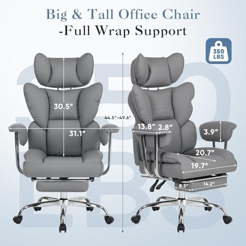 Big and Tall Office Chair 350 LBS, Scratch-Resistant PU Leather Executive Office Desk Chair with Footrest, Ergonomic Reclining Computer Chair with Pocket Spring Support for Home Office, Grey
