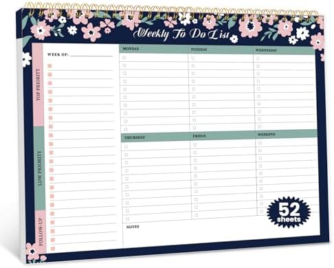 Weekly To Do List Notepad with 52 Undated Sheets（8.5"×11"）- Undated Weekly Planner Notepad for Office Desk Accessories and Supplies - Navy Blossom