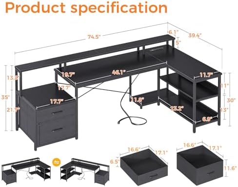 ODK 75" L Shaped Desk with File Drawers, Work from Home Office Desk with Power Outlet, Reversible Computer Desk with Storage Shelves, Gaming Desk with Monitor Shelf, Corner WFM Table, Black