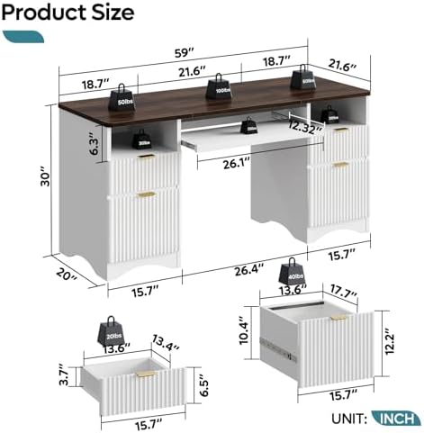 Bestier Computer Desk with Keyboard Tray, 59 inch Office Desk with 4 Drawers, Modern Home Office Desk with File Drawer (Walnut with White, 59" W with Double-Sided Drawers)