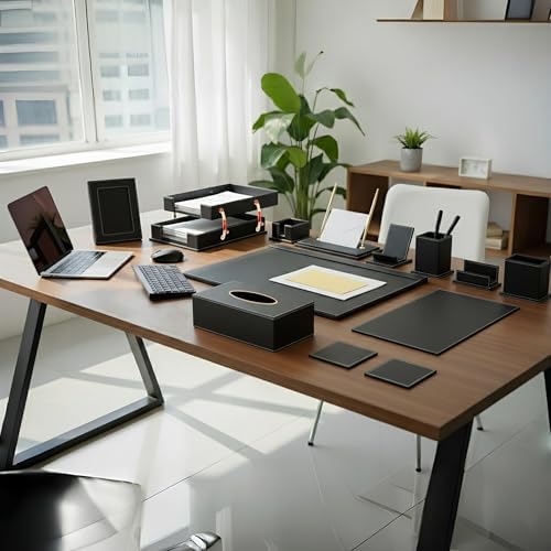 Leather Desk Set, 13-Piece All-in-One – Executive Desk Accessories & Office Supplies, Desk Organizer with Desk Pad & Blotter, 2-Tier Letter Tray, Luxury Office Desk Decor & Boss Gifts (Black)