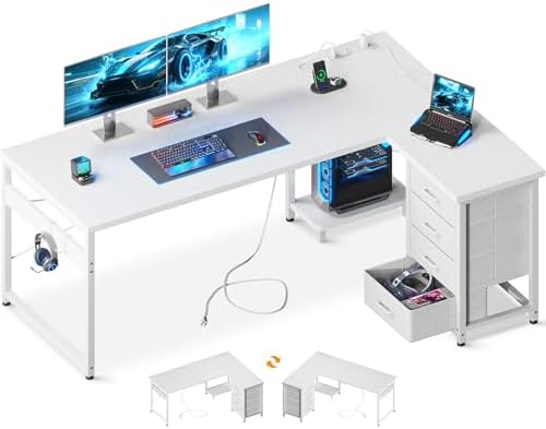 AODK 61" L Shaped Gaming Desk with 4 Drawers and Power Outlets, White