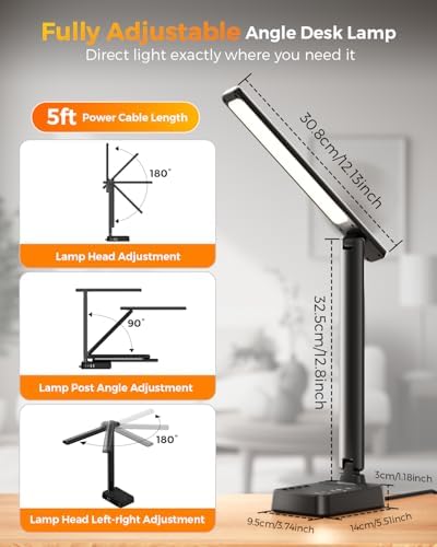 Airlonv LED Desk Lamp for Office Home, Power Strip with 3 Outlets 4 USB Charging Ports(2 USBC), 4 Modes 5 Level Brightness Desk Light, Small Desk Lamp for College Dorm Room Essentials