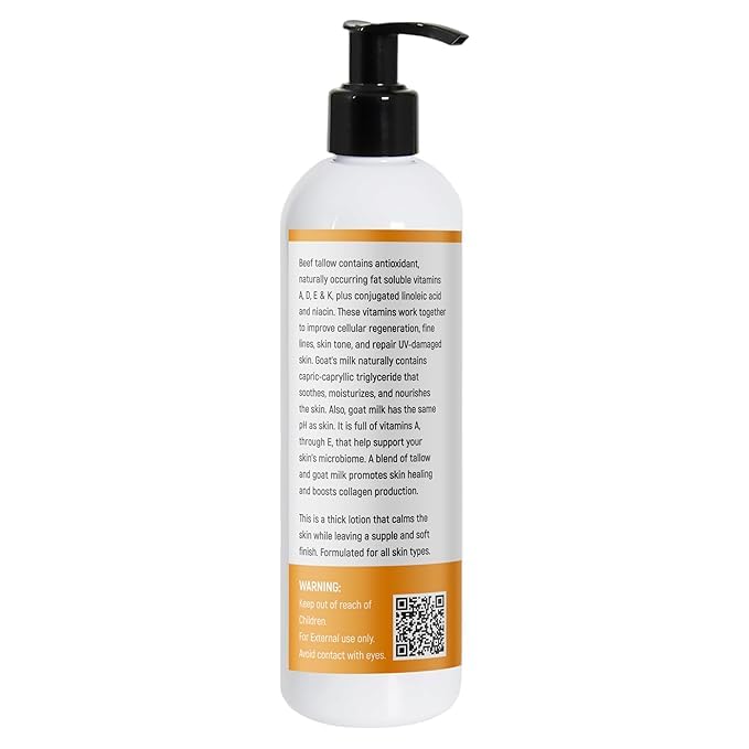 Tallow & Goat Milk Body Lotion for Sensitive Skin, Organic moisturizing Lotion - tallow for skin cream, Dry skin, Goat Milk face and body Moisturizer - Handmade Tallow lotion 12oz LAVENDER VANILLA