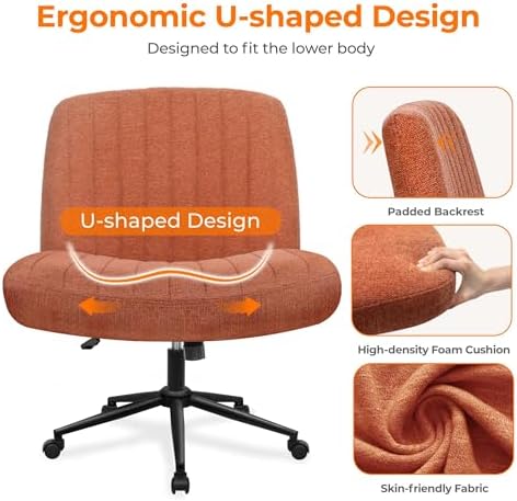 NEO CHAIR Criss Cross Chair with Wheels Armless Cross Legged Office Desk Wide Comfy Vanity Makeup Chair Adjustable Swivel Rolling Computer for Home Office Fabric (Brown)