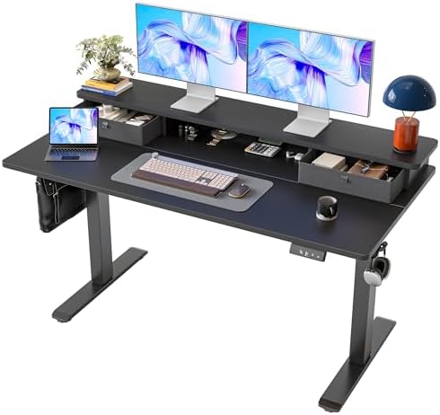 TIQLAB Standing Desk with Two Drawers, Stand Up Standing Desk Adjustable Height, Electric Sit Stand Table with Storage Shelf and Splice Board, 55 * 24 inch, Black