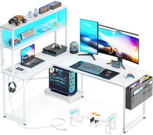 AODK L Shaped Desk Gaming Desk with LED Light & Power Outlet
